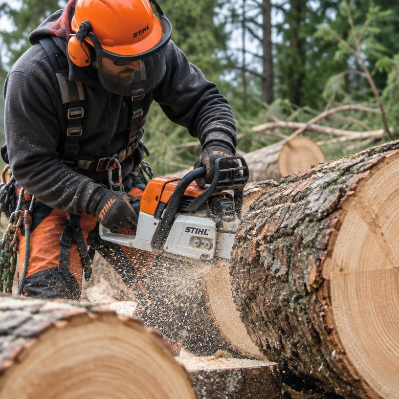 Arborist cutting logs
