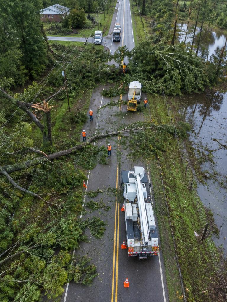 Crew clearing storm-damaged road