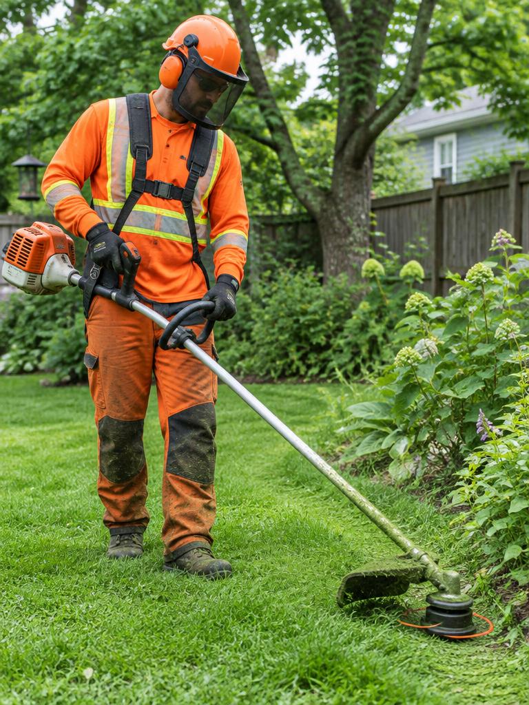 Crew member trimming yard